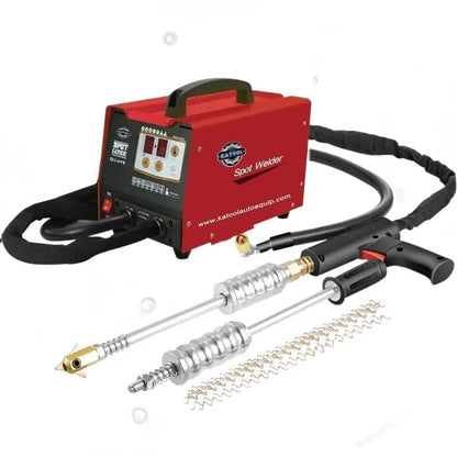 Katool 90E body spot welder and dent puller with welding gun and attachments on white background.