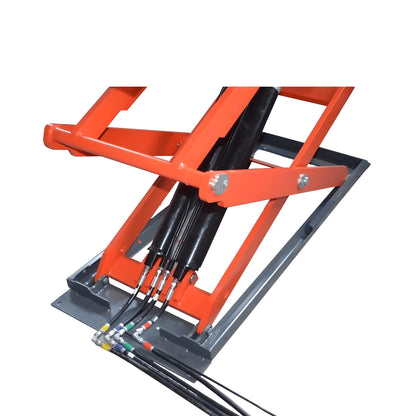 Katool AK-X95 full rise scissor lift closeup of hydraulic base section with dual cylinders, scissor arm joints, and color-coded hydraulic hoses on white background.