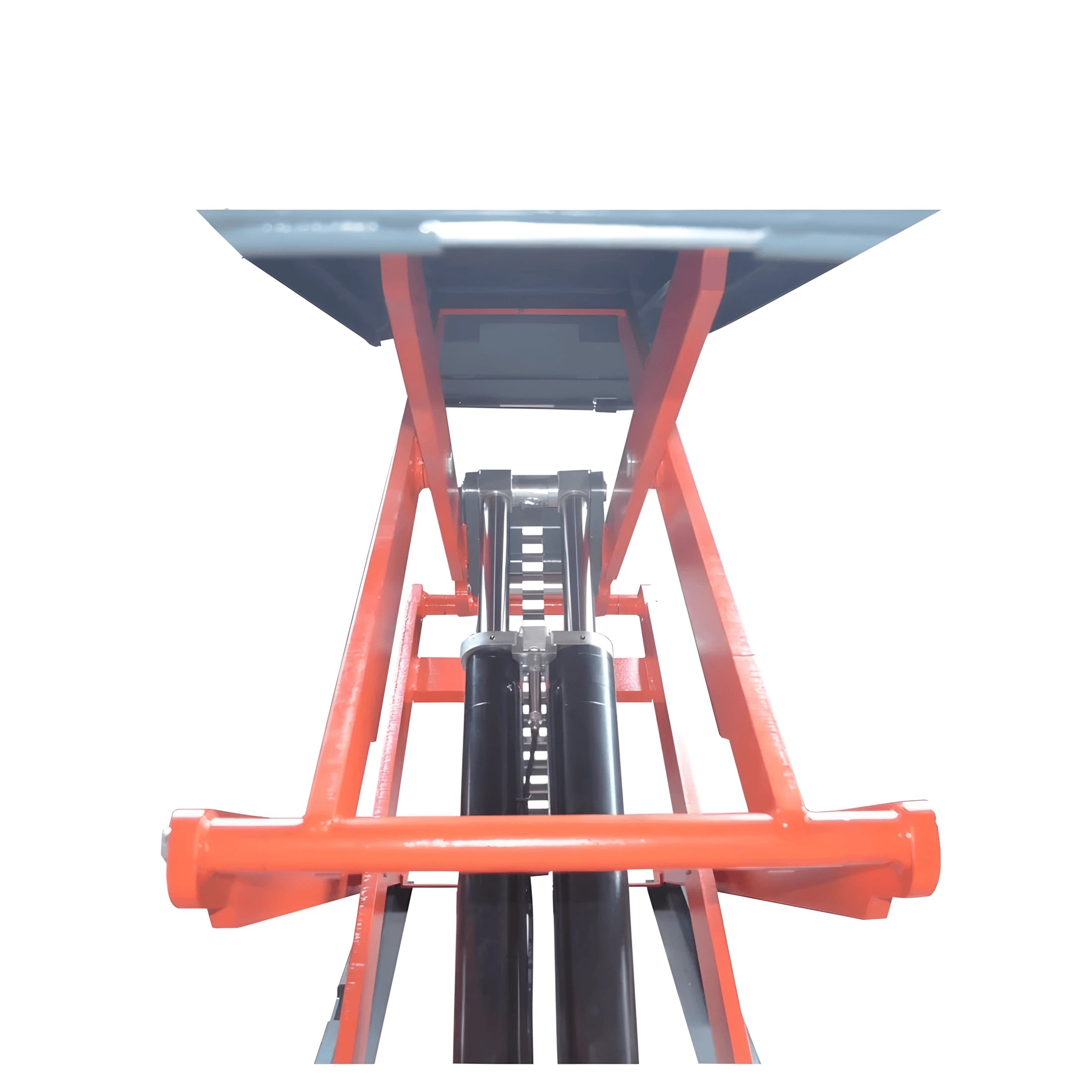 Katool AK-X95 full rise scissor lift closeup view of hydraulic cylinders, scissor arms, and chain linkage structure from below platform on white background.