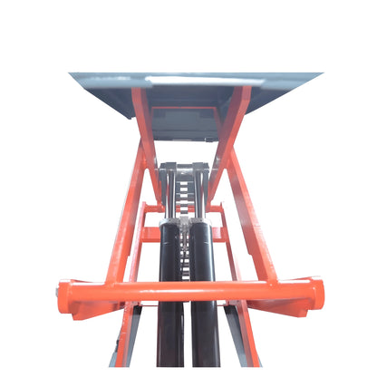 Katool AK-X95 full rise scissor lift closeup view of hydraulic cylinders, scissor arms, and chain linkage structure from below platform on white background.