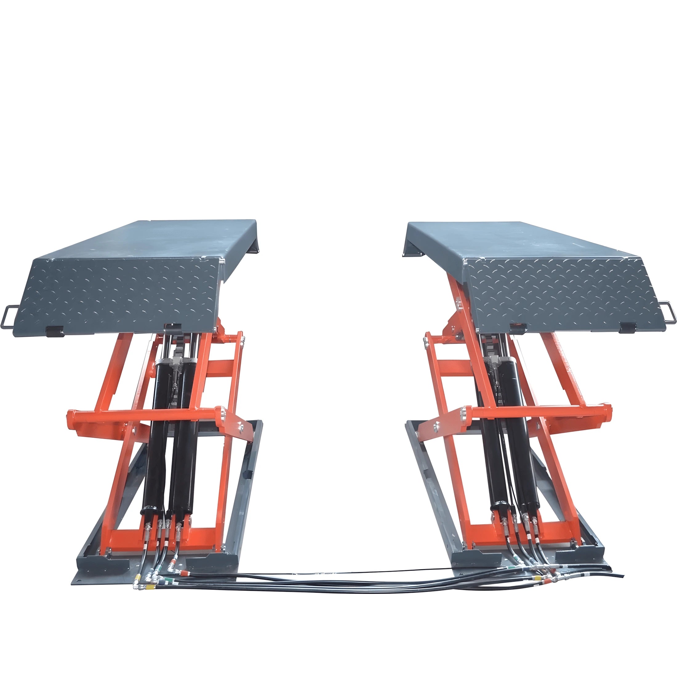 Katool AK-X95 full rise scissor lift front view showing dual lifting platforms, hydraulic cylinders, and scissor frames on a white background.