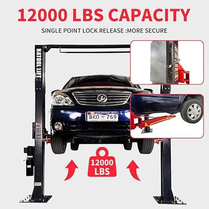 Katool AM120SD 12,000 lb 2-post car lift showing 12,000-lb capacity with single-point lock release, sedan raised on swing arms.