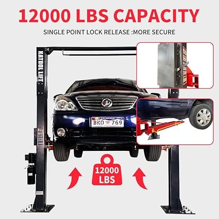 Katool AM120SD 12,000 lb 2-post car lift showing 12,000-lb capacity with single-point lock release, sedan raised on swing arms.