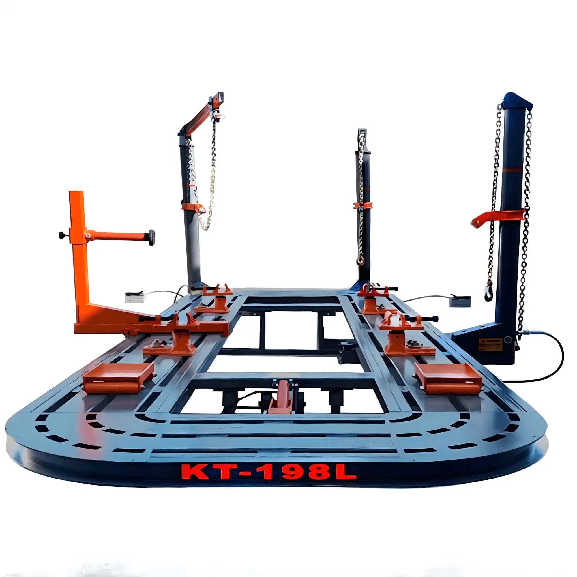Katool KT-198L frame machine front view with deck, clamps, and pulling towers for frame repair.