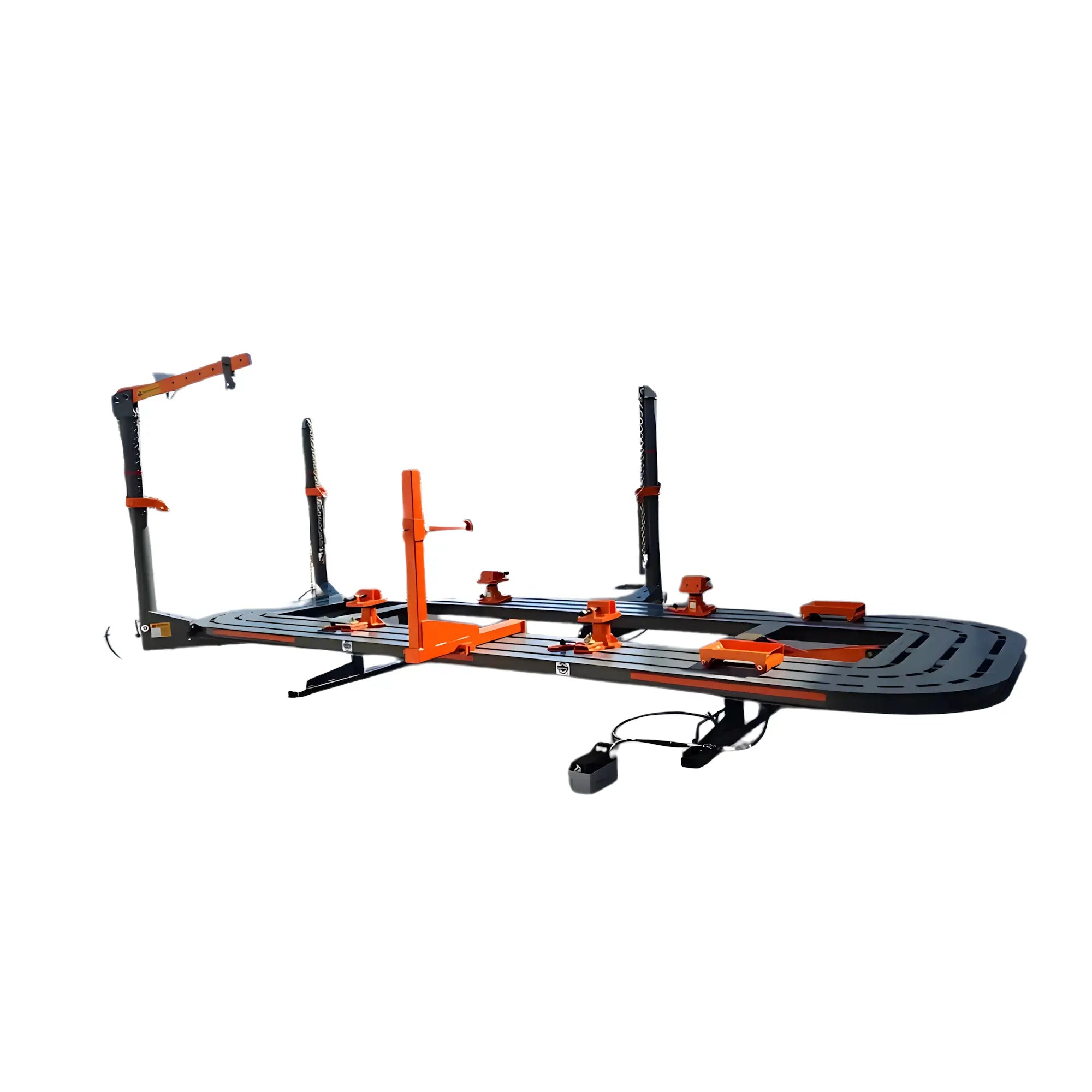 Katool KT-198L frame machine angled side view showing platform, pulling towers, and clamps.