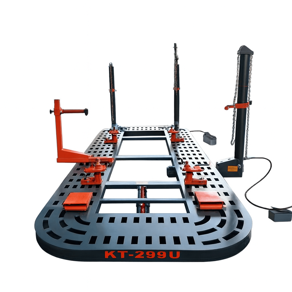 Katool KT-299U Auto Body Frame Machine - front view with branding and Celette joint venture label showing towers and clamps