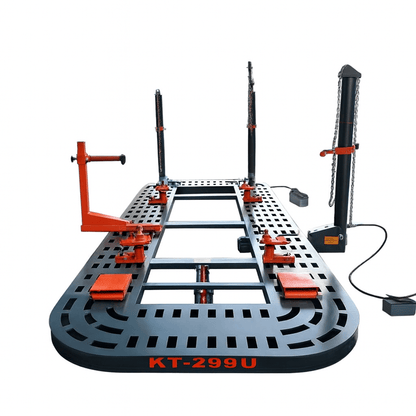 Katool KT-299U Auto Body Frame Machine - front view with branding and Celette joint venture label showing towers and clamps