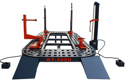 Katool KT-299U auto body frame machine with towers, ramps, and 20-ft platform, CE-certified 7700 lb capacity