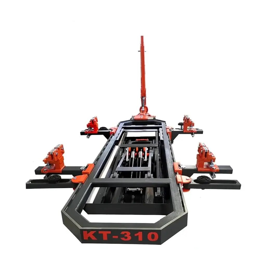 Katool KT-310 auto body frame machine, hero front angle on a white background with pull tower and clamp fixtures visible.