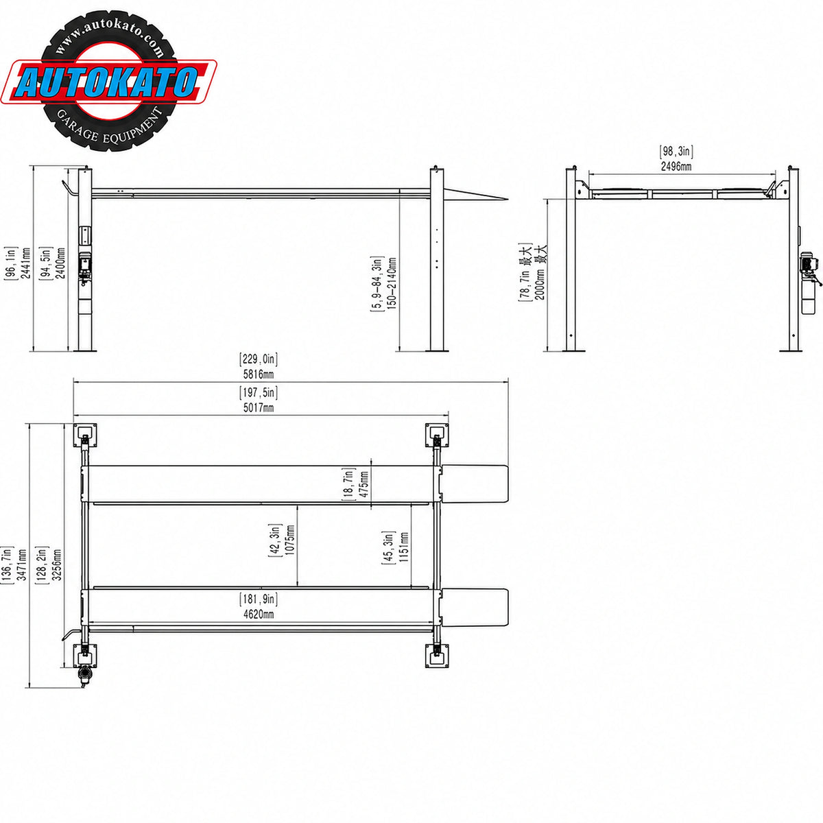 Katool KT-4H110 - 4-Post Car Lift (11,000 lb, Service)