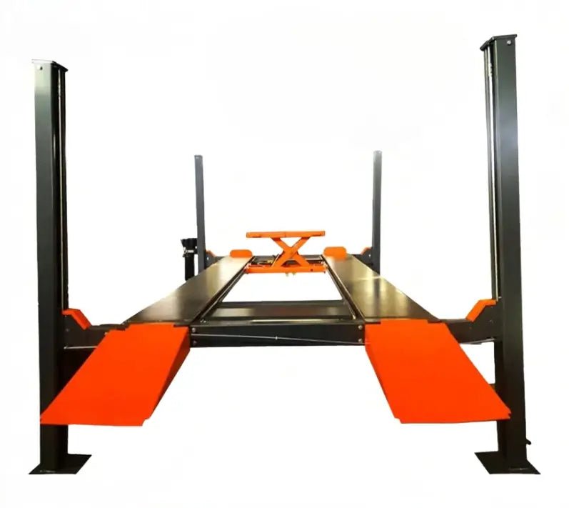 Katool KT-4H110 11,000 lb 4 post lift, front view showing four posts, dual runways, orange entry ramps and visible safety locks on a white background.