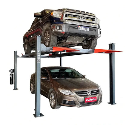 Katool KT-4H110 11,000 lb 4 post lift shown in use with a Toyota pickup on the upper platform and a Volkswagen sedan parked below, highlighting storage and lifting capacity on a white background.