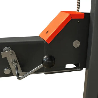 Katool KT-4H110 11,000 lb 4 post lift close-up showing the manual lock release handle with black knob, orange safety cover, linkage and cable guide on the column, on a white background.