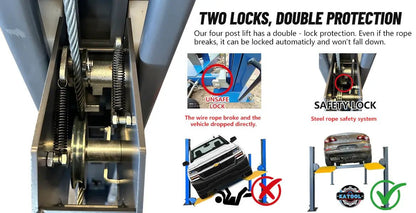 Katool KT-4H110 11,000 lb 4 post lift infographic illustrating the dual safety lock system with steel rope safety mechanism, automatic locking feature, and comparison between unsafe and safe lift operation for vehicle protection.