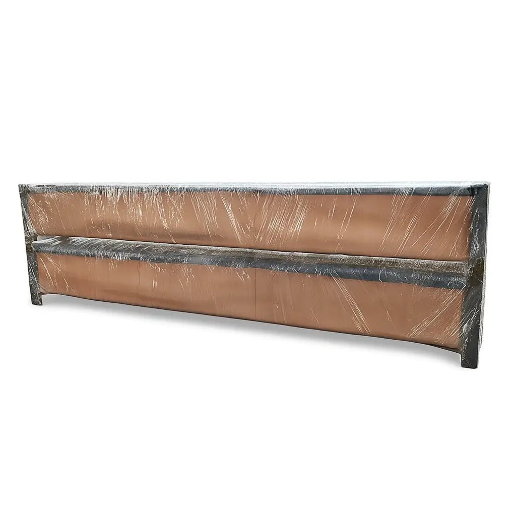 Katool KT-4H110 11,000 lb 4 post lift shipping pallet showing securely wrapped steel lift components packaged in plastic film and cardboard for transport and storage protection on a white background.
