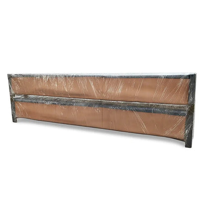 Katool KT-4H110 11,000 lb 4 post lift shipping pallet showing securely wrapped steel lift components packaged in plastic film and cardboard for transport and storage protection on a white background.