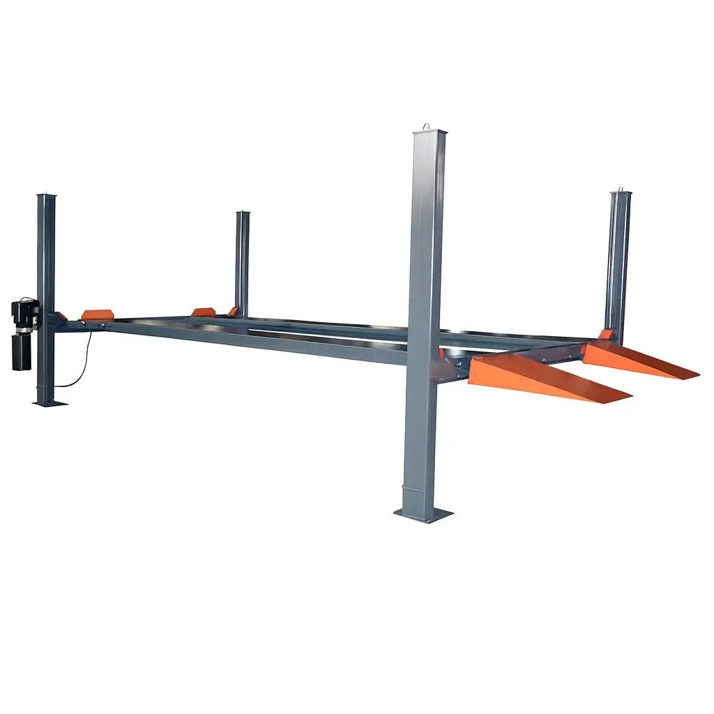 Katool KT-4H110 11,000 lb 4 post lift, side angle view highlighting four columns, extended runways, hydraulic power unit, and orange drive-on ramps on a white background.