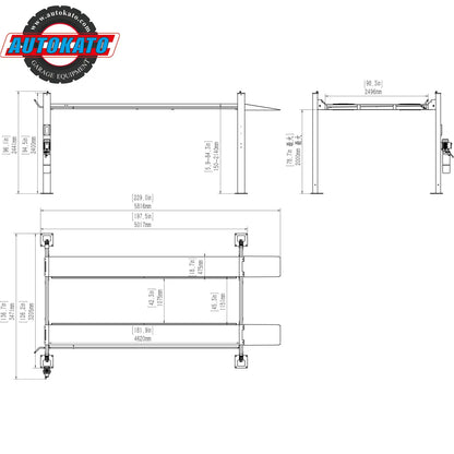 Katool KT-4H110 11,000 lb 4 post lift technical drawing showing detailed front, side, and top dimensions of the lift structure with labeled measurements and Autokato branding logo.
