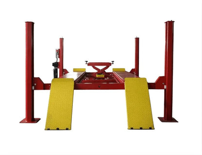 Katool KT-4H150 4 Post Alignment Lift shown in a front hero view with bright yellow diamond-plate ramps, red steel posts, and rolling jack platform on a clean white background.