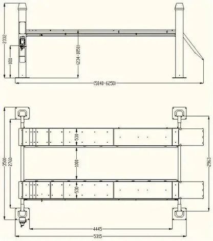 Katool KT-4H150 4 Post Alignment Lift dimensioned drawing of runways and post layout; side and top views show overall length, inner spacing, and wheel-stop positions.