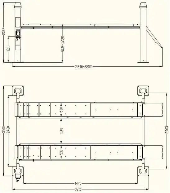 Katool KT-4H150 4 Post Alignment Lift dimensioned drawing of runways and post layout; side and top views show overall length, inner spacing, and wheel-stop positions.