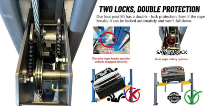 Katool KT-4H150 4 Post Alignment Lift diagram showing internal safety lock system with steel cable, pawl and ratchet inside column, dual-lock protection callouts.