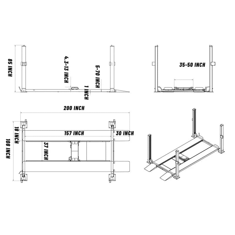 Katool KT-4H850 4-Post Car Lift technical drawing showing bottom layout with base footprint, runway spacing, and post heights labeled in inches on a white background.