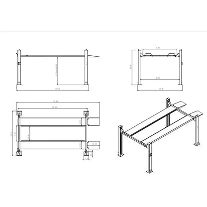 Katool KT-4H850 4-Post Car Lift technical drawing with top, side, and angled views showing detailed platform and post measurements on a white background.