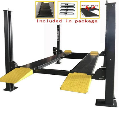 Katool KT-4H850 4-Post Car Lift shown with yellow ramps and black runways on a white background, including accessory images of drip trays, jack trays, and ramps in the package.