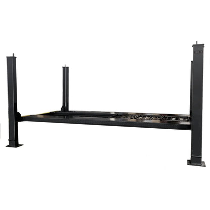 Katool KT-4H850 4-Post Car Lift shown without ramps, highlighting black steel runways and four support posts on a white background.