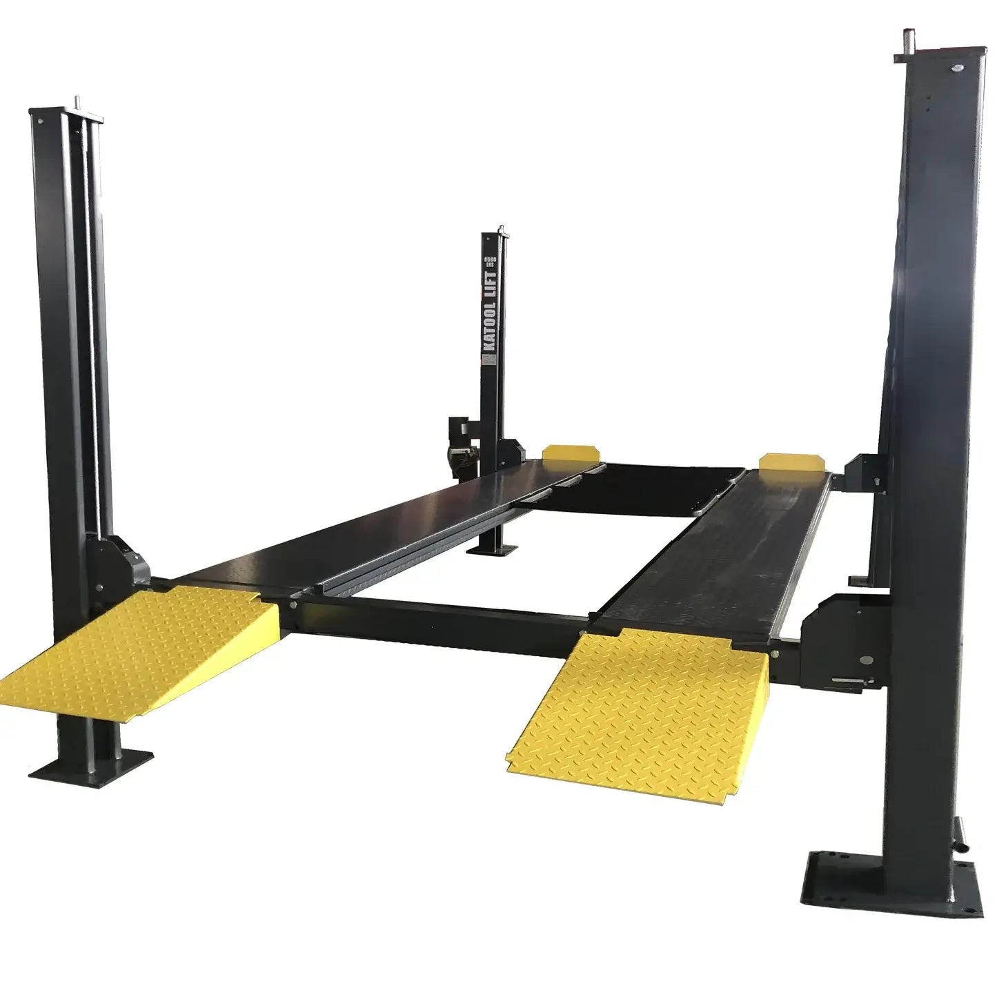 Katool KT-4H850 4-Post Car Lift shown from side angle with dual black runways and yellow diamond-plate ramps on a white background.