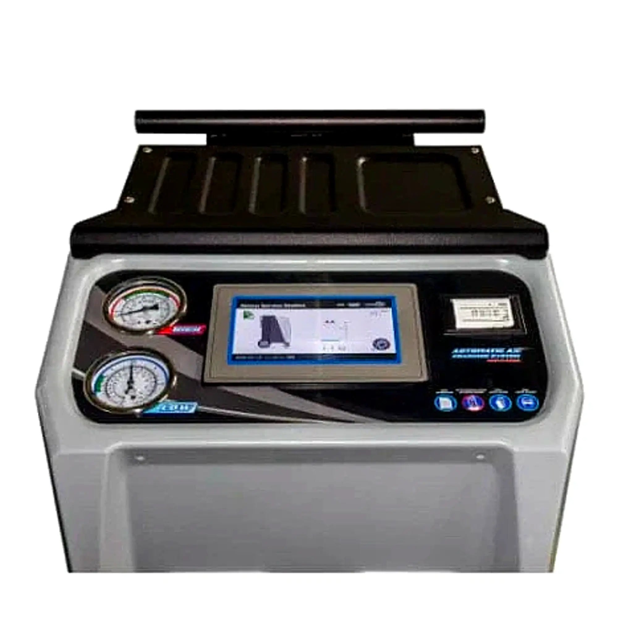 Katool KT-AC2100 A/C Service Center top control panel closeup showing dual pressure gauges, digital display screen, and integrated printer on white background