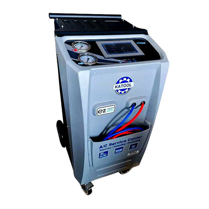 Katool KT-AC2100 A/C Service Center front angled view showing gauges, control panel screen, and service hoses on a white background