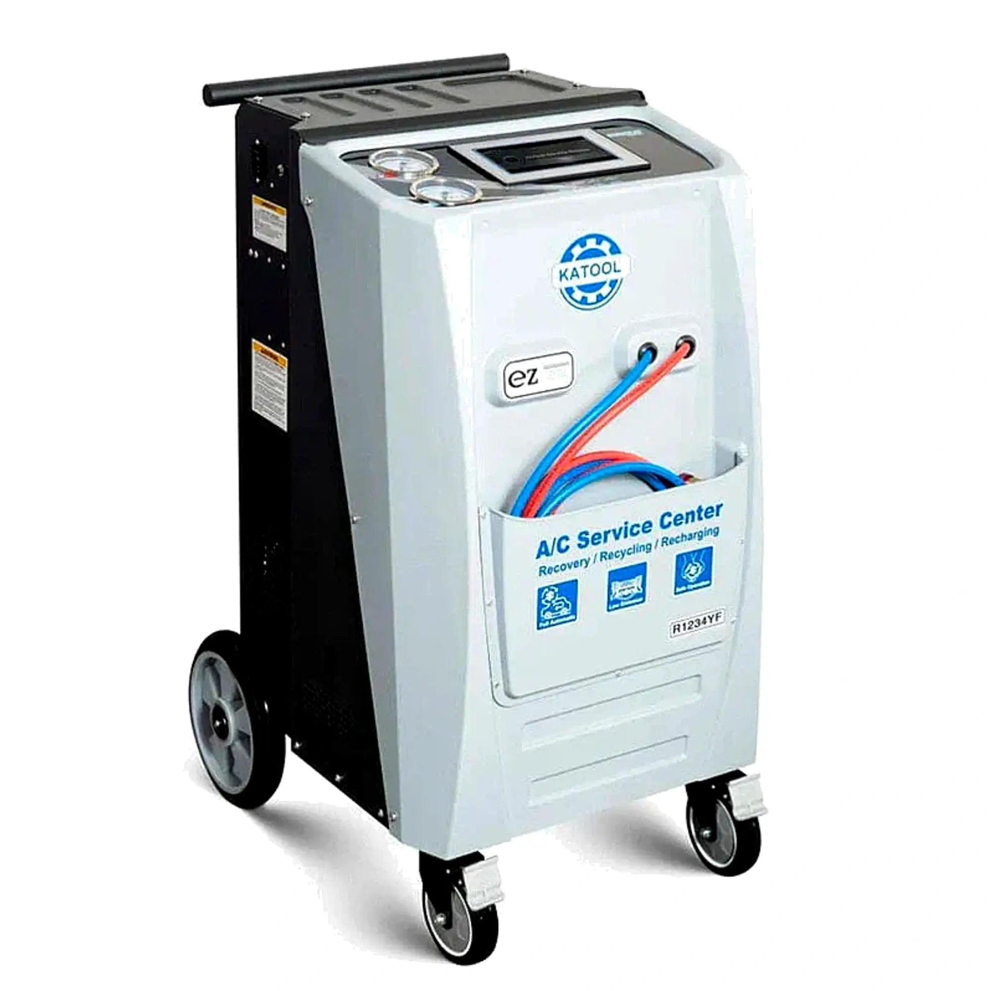 Katool AC2100 R-1234YF recovery machine front view showing touchscreen display and service hoses