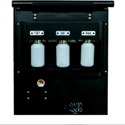 Katool KT-AC2100 A/C Service Center rear closeup showing three labeled oil bottles for UV, PAG, and standard oil with integrated gauge and cooling fan on white background