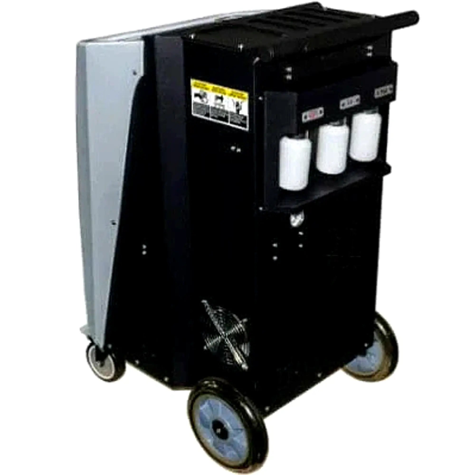 Katool KT-AC2100 A/C Service Center rear view showing oil and UV bottles module, rear ventilation fan, wheels, and side panel on a white background