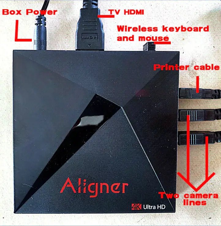 Katool KT-AV6 3D Wheel Alignment Machine Android control box showing labeled cable connections including power, HDMI, printer, and dual camera lines for system setup.