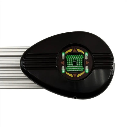 Katool KT-AV6 3D Wheel Alignment Machine closeup of the black camera module with illuminated green LED sensors and horizontal mounting rail on a white background.