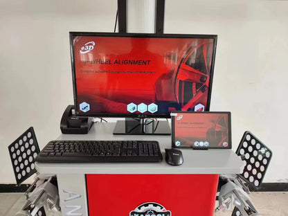Katool KT-AV6 3D Wheel Alignment Machine control setup showing dual monitors, keyboard, and mouse running the 3D alignment software interface on a red equipment cabinet.
