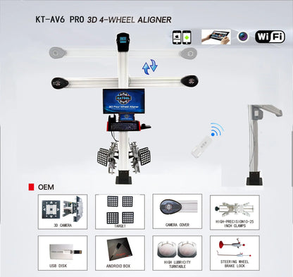 Katool KT-AV6 3D Wheel Alignment Machine feature overview showing full system layout, WiFi capability, accessories, and 3D alignment components on a white background.