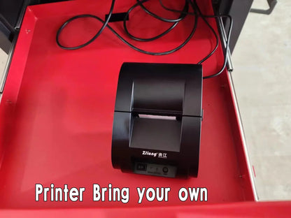 Katool KT-AV6 3D Wheel Alignment Machine showing optional black thermal printer on red cabinet shelf with visible text reading “Printer Bring your own.”