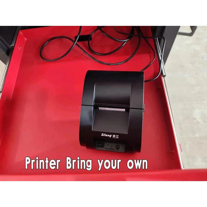 Katool KT-AV651 wheel alignment machine printer tray showing optional thermal printer setup with note indicating bring-your-own printer requirement
