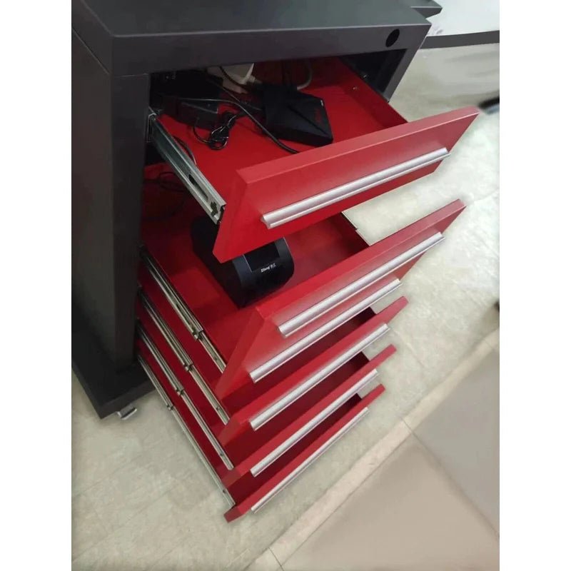 Katool KT-AV651 wheel alignment machine red tool cabinet with multiple open storage drawers for accessories, sensors, and printer components