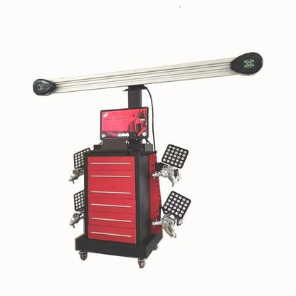 Katool KT-AV651 wheel alignment machine on white background showing red control cabinet, dual 3D cameras, and four wheel sensor targets