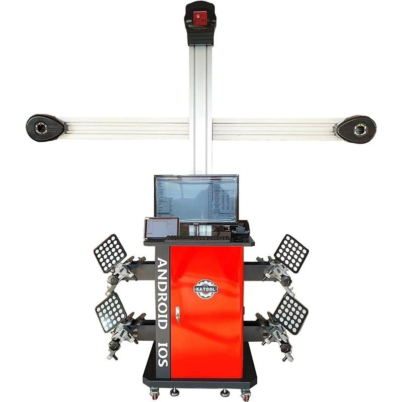 Katool KT-AV9 wheel alignment machine with overhead camera beam, red cabinet, monitor, and four wheel targets and clamps - full-automatic.