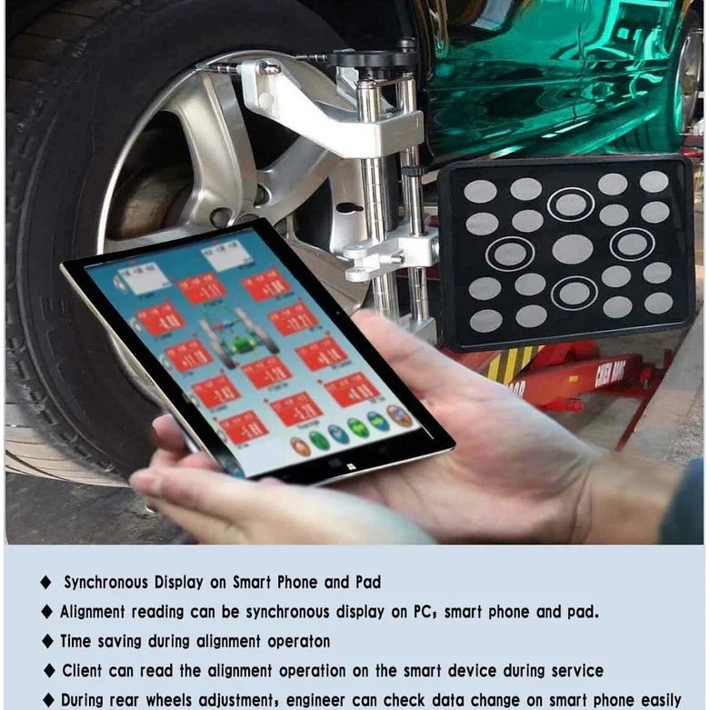 Katool KT-AV9 wheel alignment machine tablet interface displaying synchronous alignment data on multiple screens