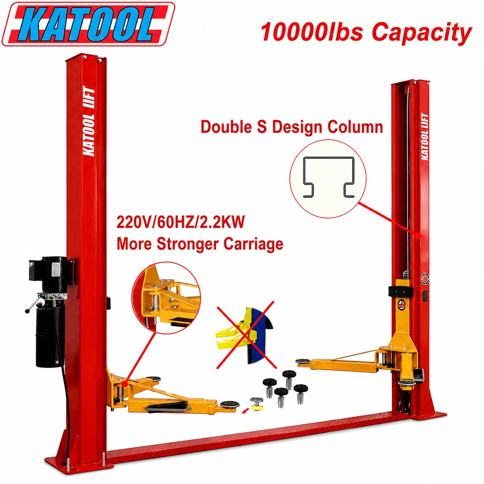 Katool KT-H100 - 2-Post Car Lift (10,000 lb, Floorplate)