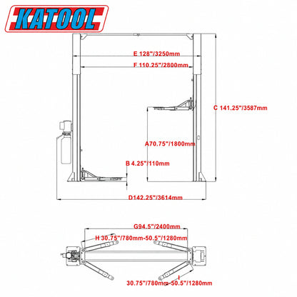 Katool KT-M110 - 2-Post Car Lift (11,000 lb, Clearfloor)