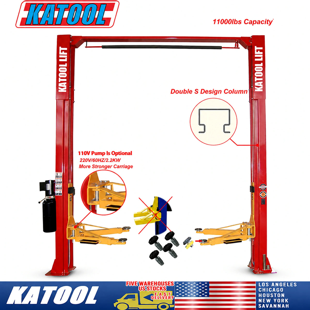 Katool KT-M110 - 2-Post Car Lift (11,000 lb, Clearfloor)
