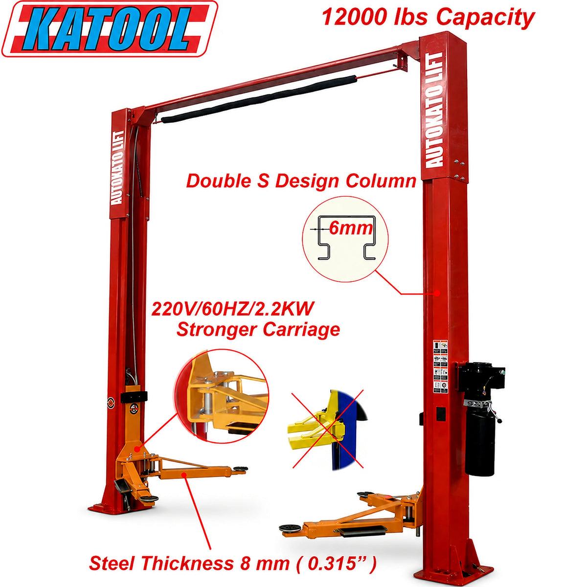 Katool KT-M120 - 2-Post Car Lift (12,000 lb, Clearfloor)